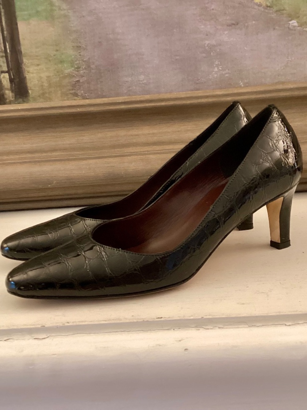 Prevata Women's Crocodile Genuine Leather Slip-On Heel Pump Black Size 6B Italy